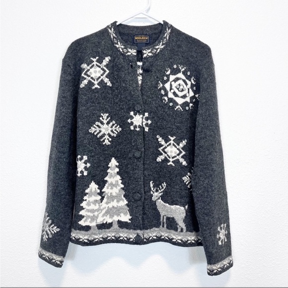 Woolrich Sweaters - Woolrich Wool Cardigan Winter Snowflakes Deer Charcoal Gray White Large